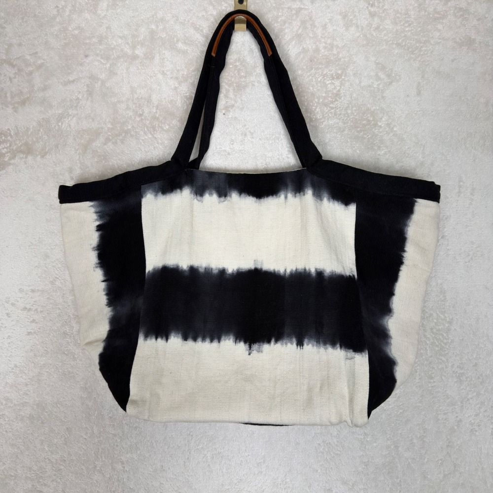 Anthropologie Mercado Global Black White Tie Dye Stripe Canvas Tote Bag Handmade